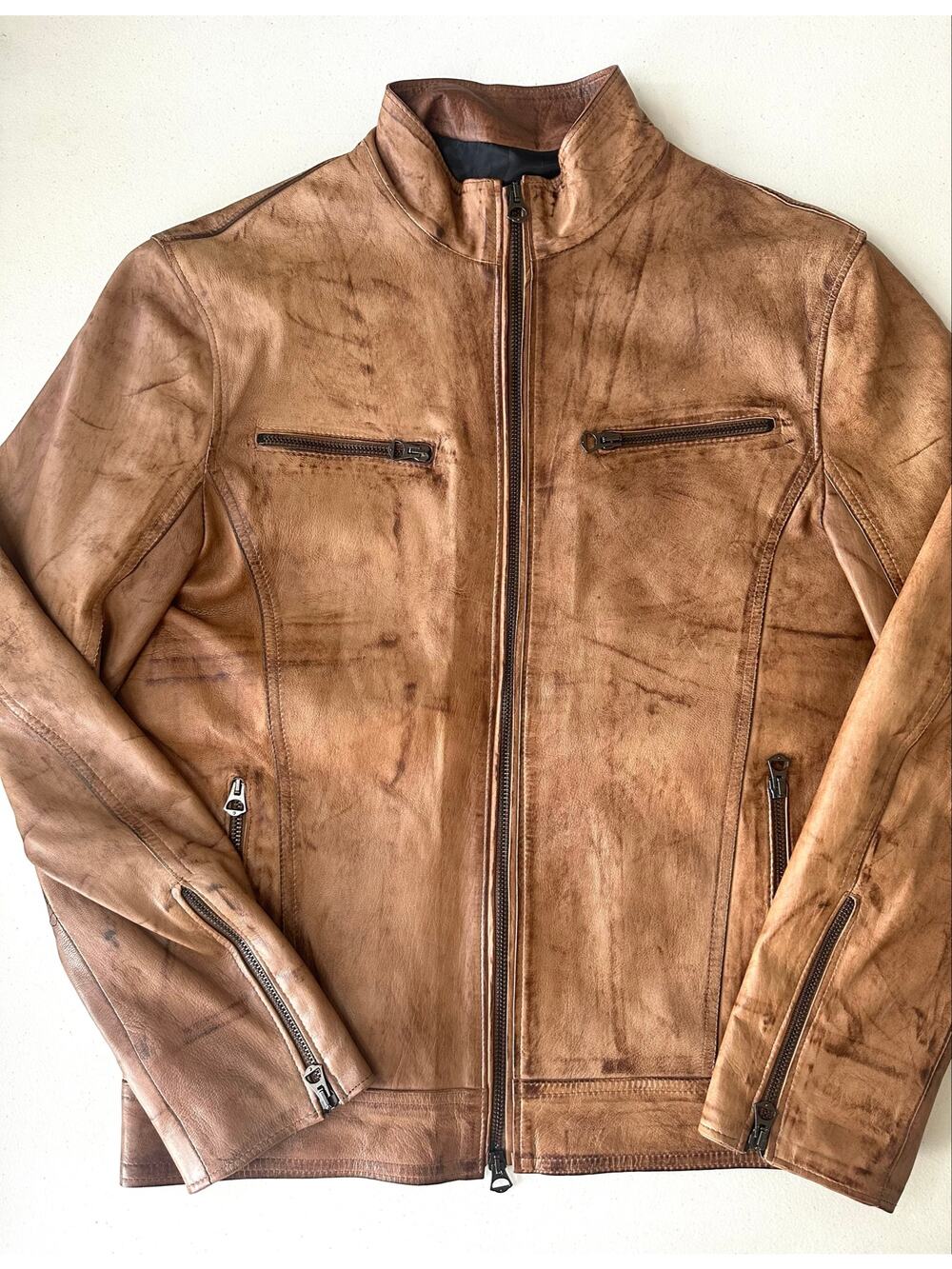 Vera Pelle Italian Camel Brown Leather Motorcycle Biker Jacket Men Small S